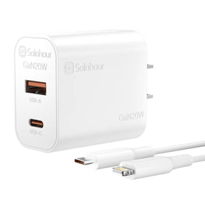 Combo Cargador Solohour 20W GaN USB-A + USB-C + Cable USB-C a Lightning 1m
