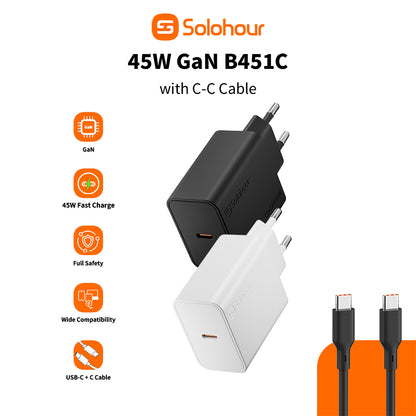 Combo de cargador de pared USB-C Solohour de 45 W con cable USB-C a USB-C de 1 m (3 A)