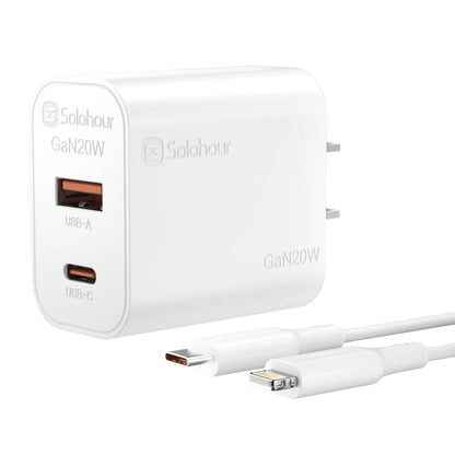 Combo Cargador Solohour 20W GaN USB-A + USB-C + Cable USB-C a Lightning 1m