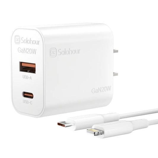 Combo Cargador Solohour 20W GaN USB-A + USB-C + Cable USB-C a Lightning 1m