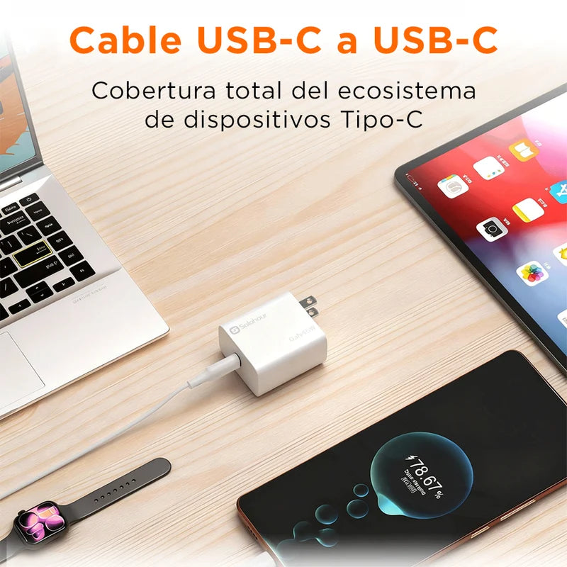 Combo Carga Rápida Cargador de Pared Solohour de 45W USB-C con Cable USB-C a USB-C de 1m y 3A