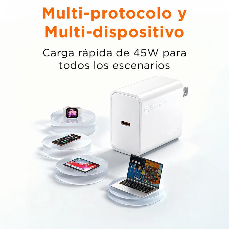 Combo Carga Rápida Cargador de Pared Solohour de 45W USB-C con Cable USB-C a USB-C de 1m y 3A