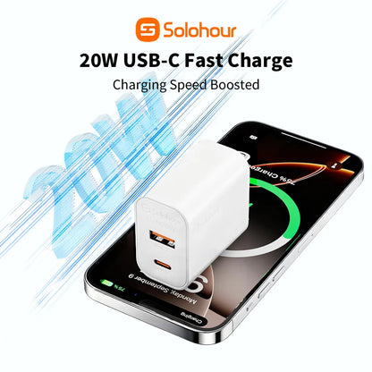 Combo Cargador Solohour 20W GaN USB-A + USB-C A202C + Cable USB-C 1m