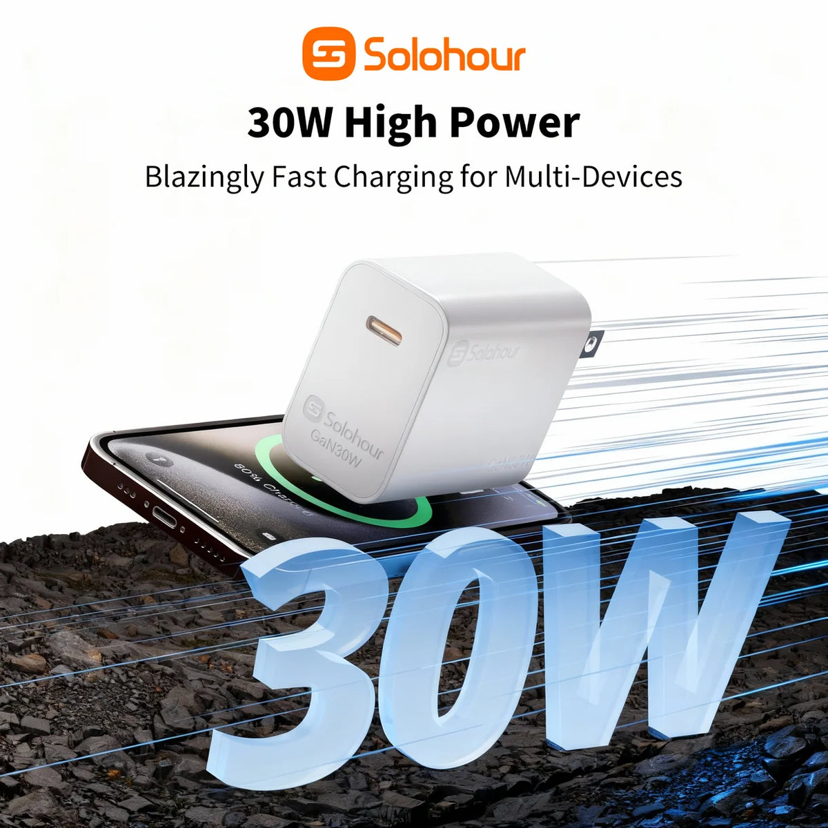Combo Cargador Solohour 30W GaN USB-C A301L + Cable USB-C a Lightning 1m