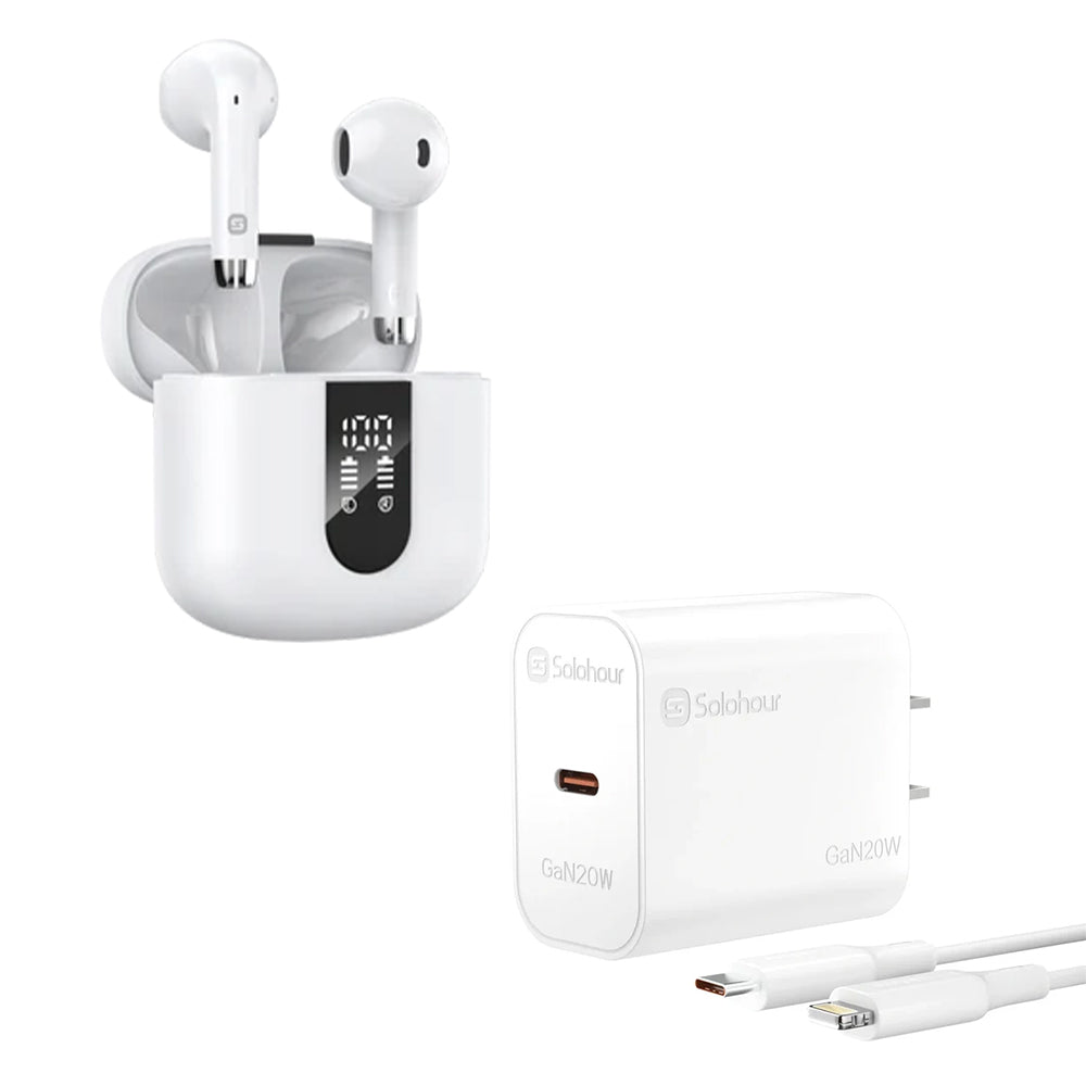 Combo Solohour Audífonos TWS ST2 Pantalla Digital + Cargador GaN 20W + Cable Lightning