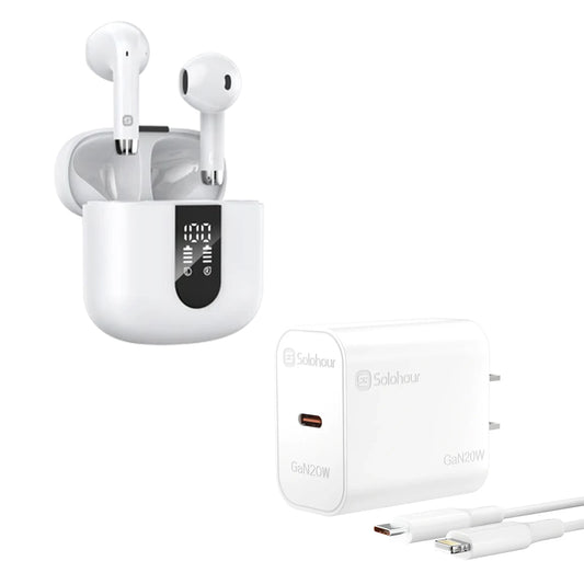 Combo Solohour Audífonos TWS ST2 Pantalla Digital + Cargador GaN 20W + Cable Lightning