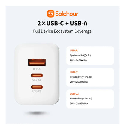 Combo Cargador de Pared Solohour de 65W USB-C (2C1A) con Cable USB-C a USB-C de 1m y 3A