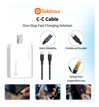 Combo Cargador de Pared Solohour de 65W USB-C (2C1A) con Cable USB-C a USB-C de 1m y 3A