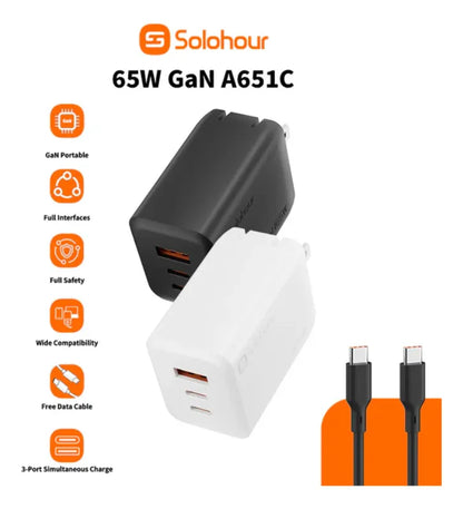 Combo Cargador de Pared Solohour de 65W USB-C (2C1A) con Cable USB-C a USB-C de 1m y 3A